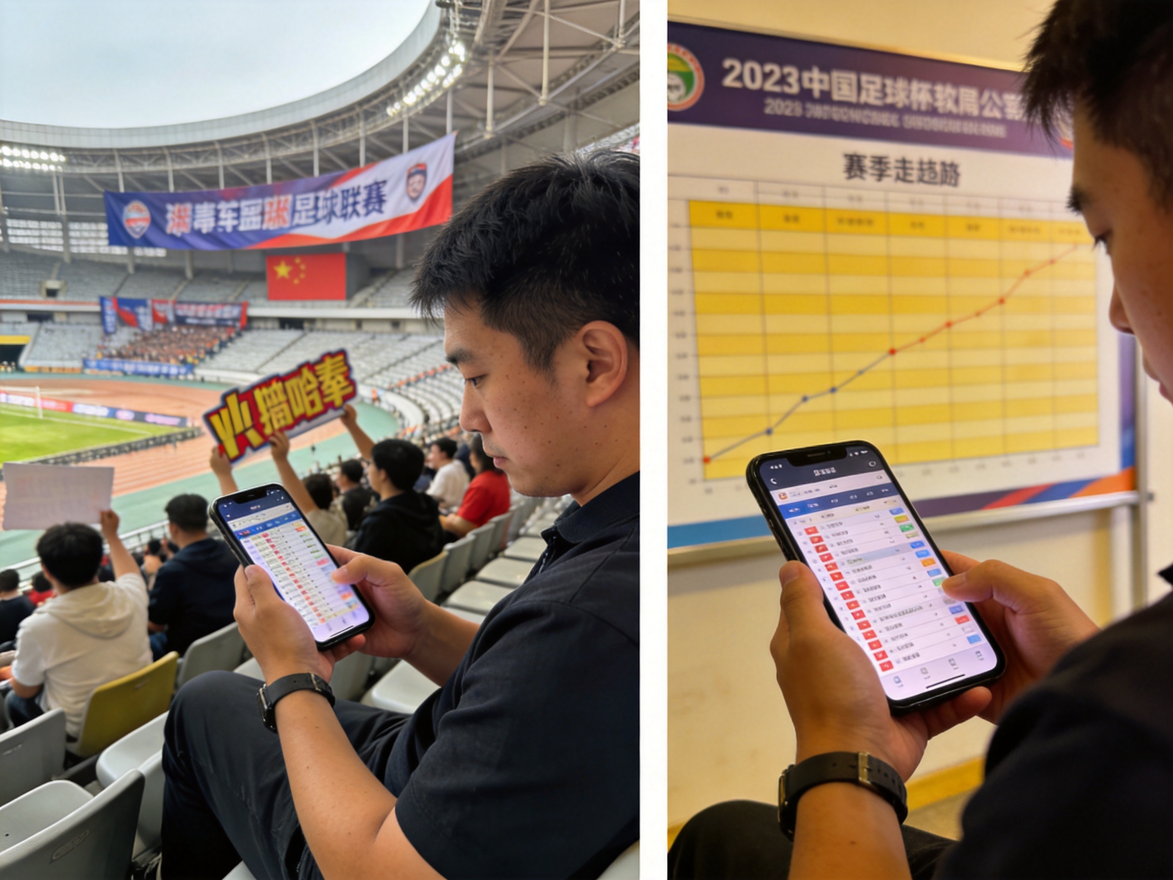 观赛指南模块配图：观众使用手机查阅赛程与赛事资讯页面